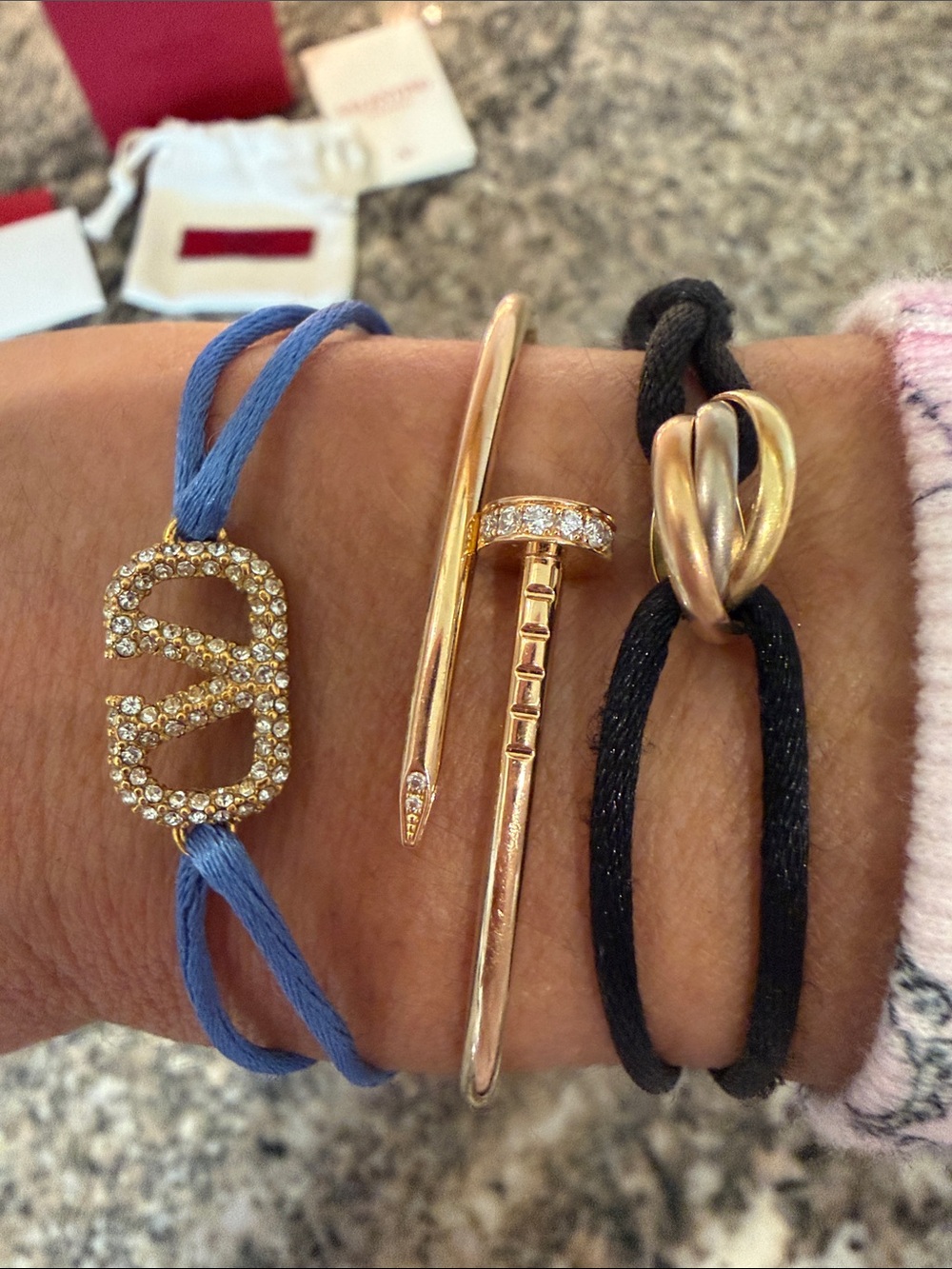 Valentino Garavani Gold Swarovski Crystal VLogo on Blue Cord Bracelet